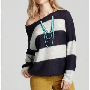 Free People Mohair Blend Sweater Womens Size M Navy Striped Relaxed Fit Boho